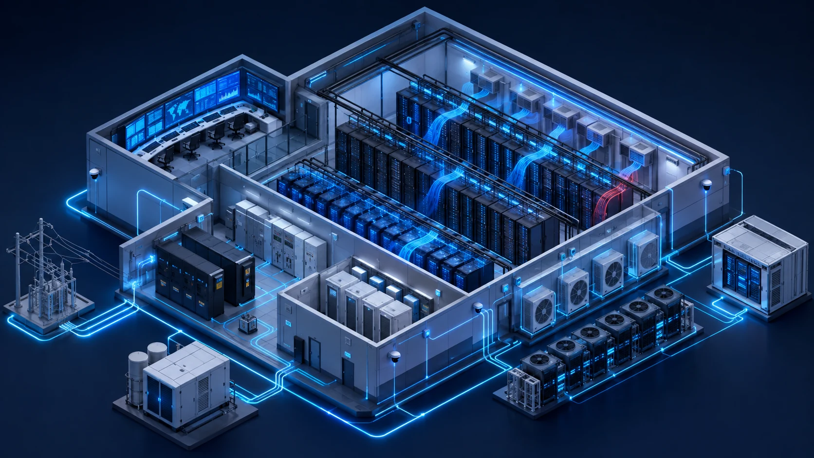 End-to-end data centre infrastructure showing power distribution, UPS, cooling, cabinets, cabling, security and central monitoring