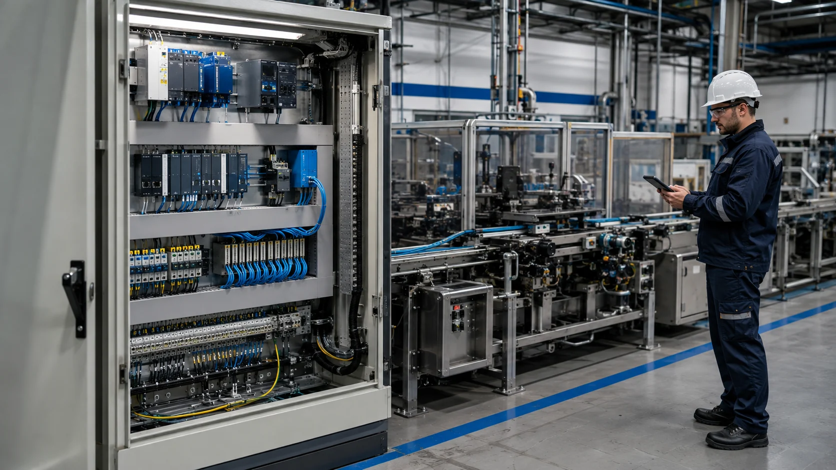 An automation engineer verifying the upgraded control panel with a tablet next to the existing production line.