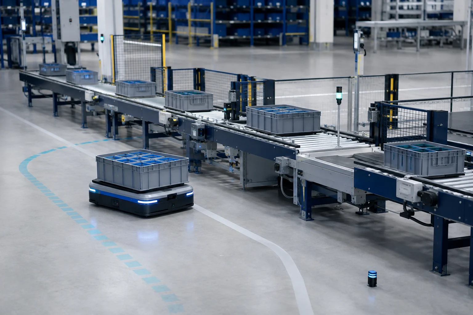 Integrated material flow consisting of mobile robot, box conveyor and transfer station in the production line
