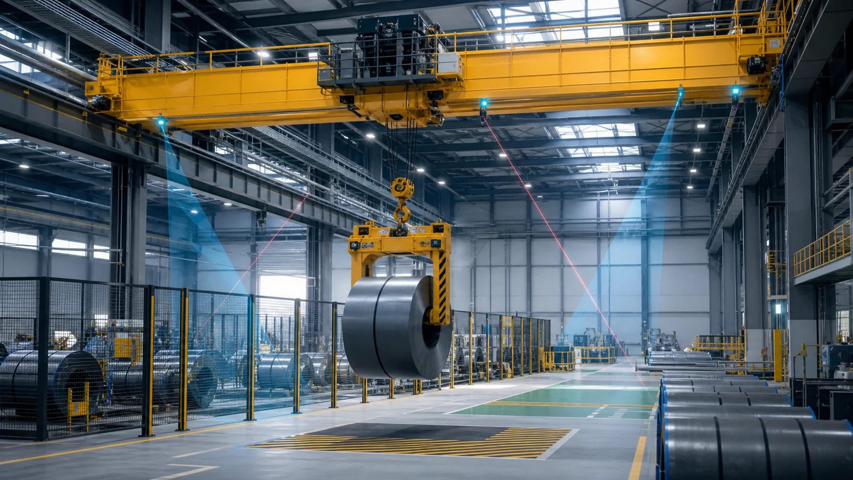 Sensor-positioned unmanned overhead crane handling a steel coil