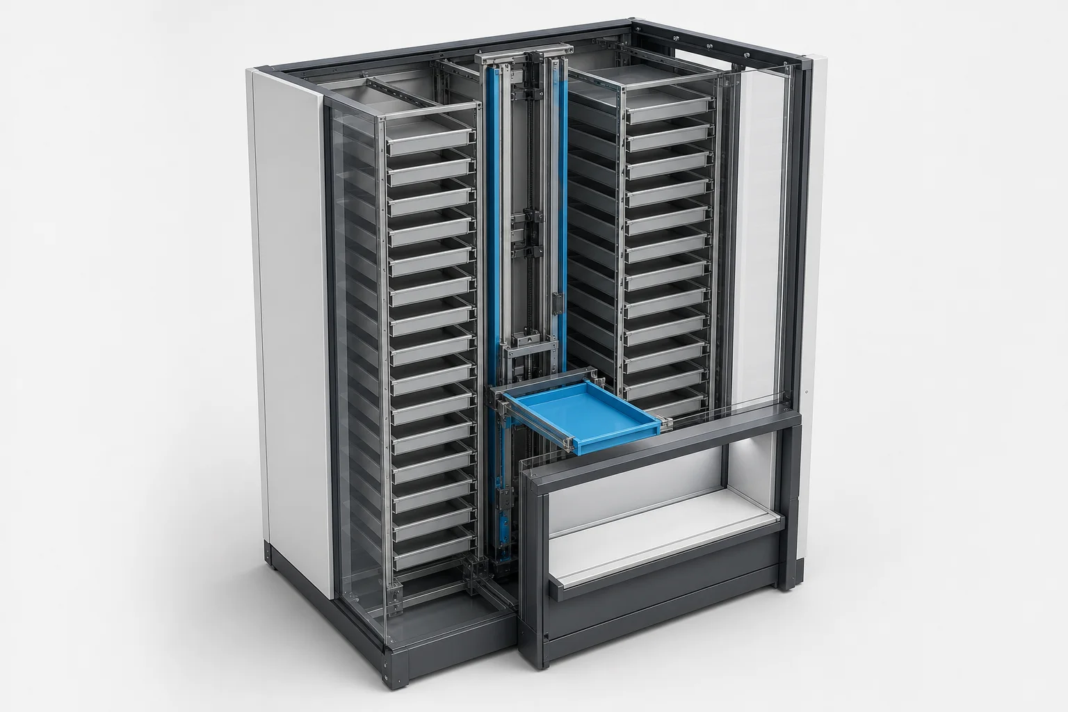 VLM operating principle with two tray columns, a central lift and an independent tray delivered to the access opening