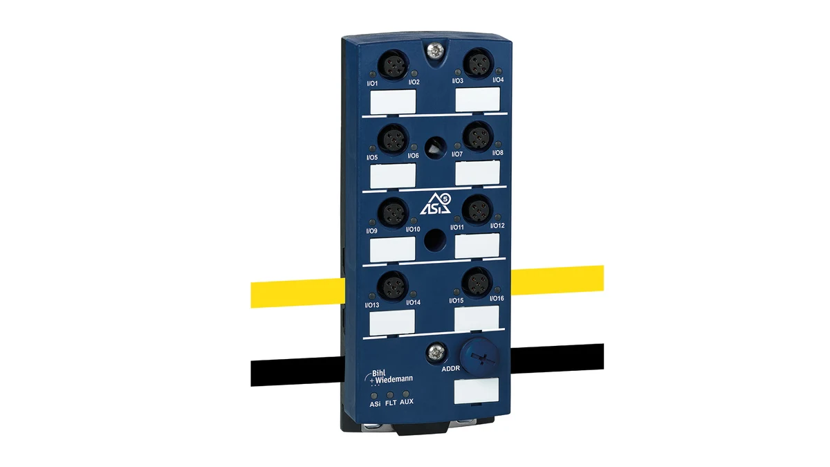 Bihl+Wiedemann BWU4230: An official product image of the ASi-5 IP67 field I/O module, featuring eight M12 connections.