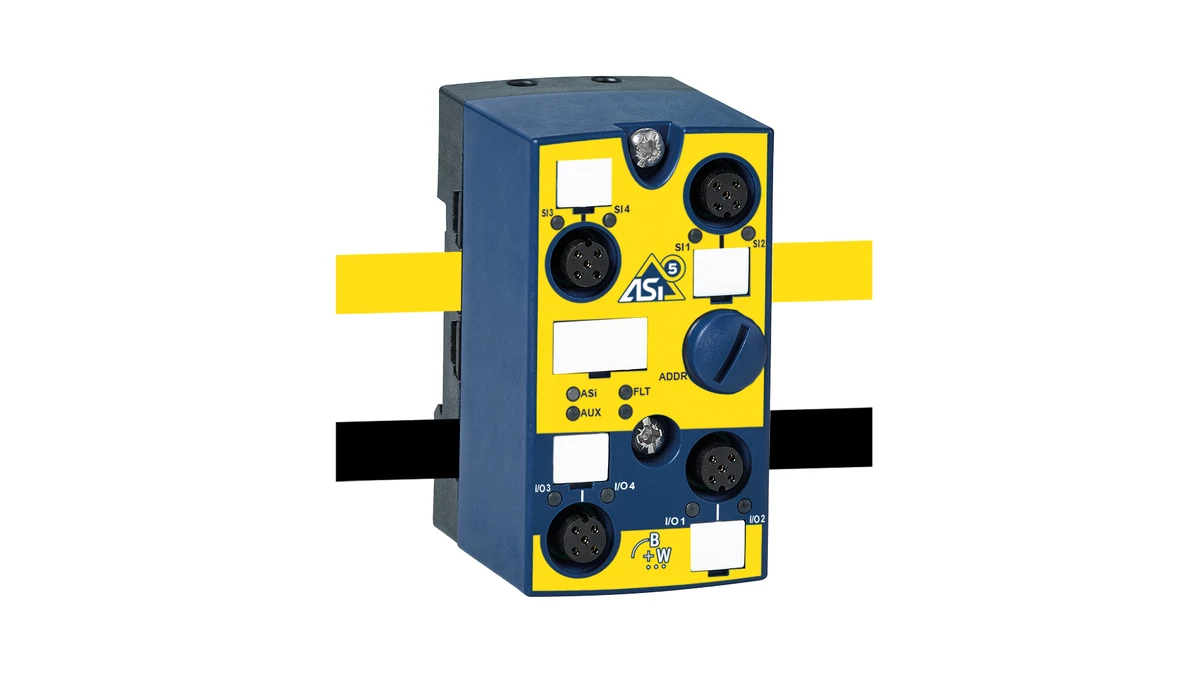 Bihl+Wiedemann BWU4393 – Official product image of the ASi-5 Safety IP67 input module with four M12 sockets