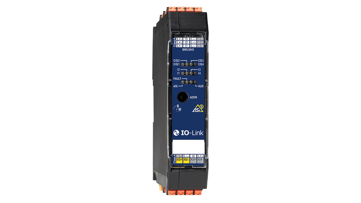 Official product image of the Bihl+Wiedemann BWU3843, a four-port ASi-5 IO-Link master IP20 module.