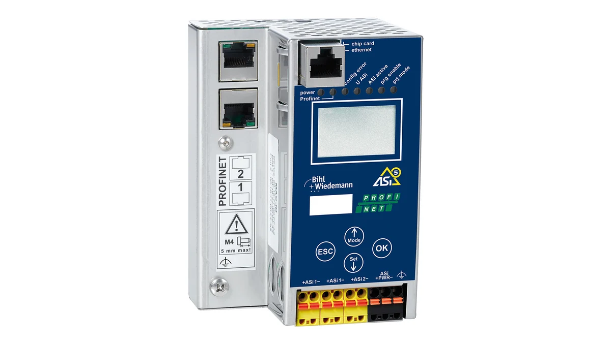 Bihl+Wiedemann BWU3852: Official product image of the dual-master ASi-5 and ASi-3 PROFINET gateway.