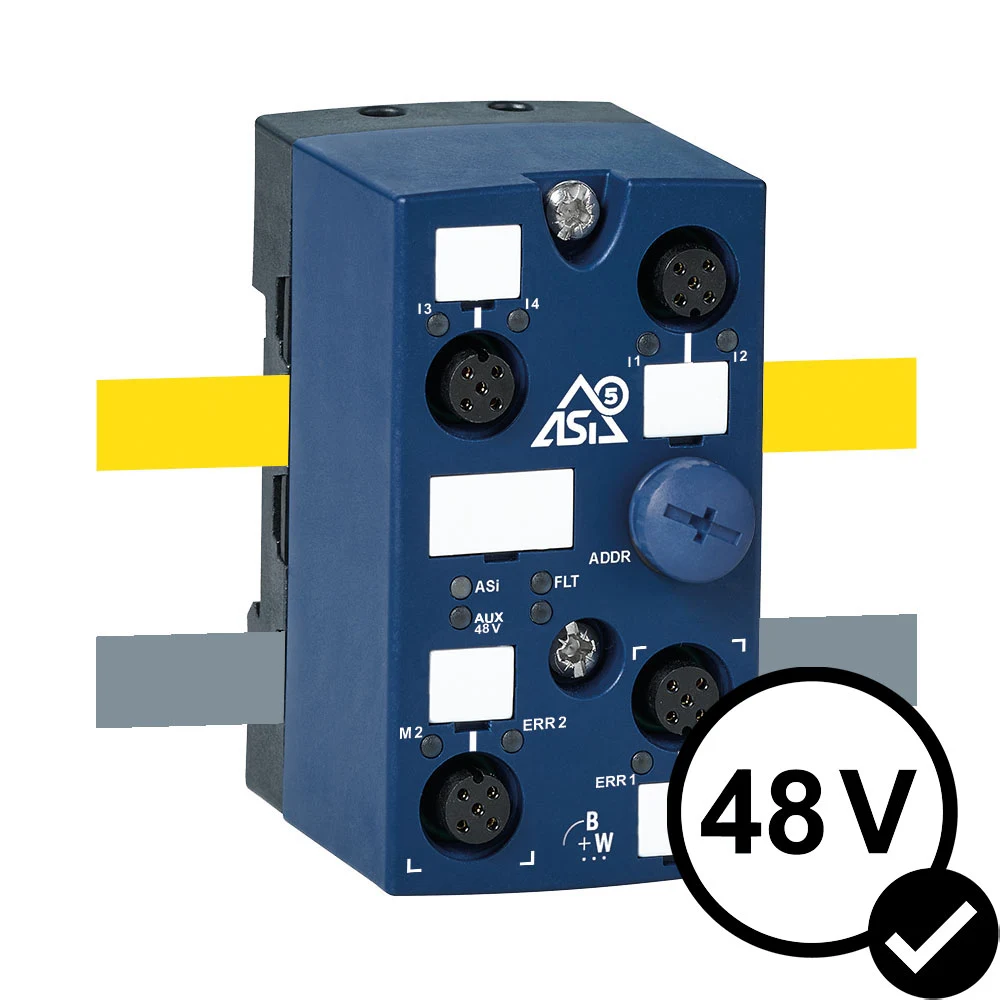 The official product appearance of the ASi-5 motor module for two 48-V motorized coils, as used in Bihl+Wiedemann’s BWU4212 model.