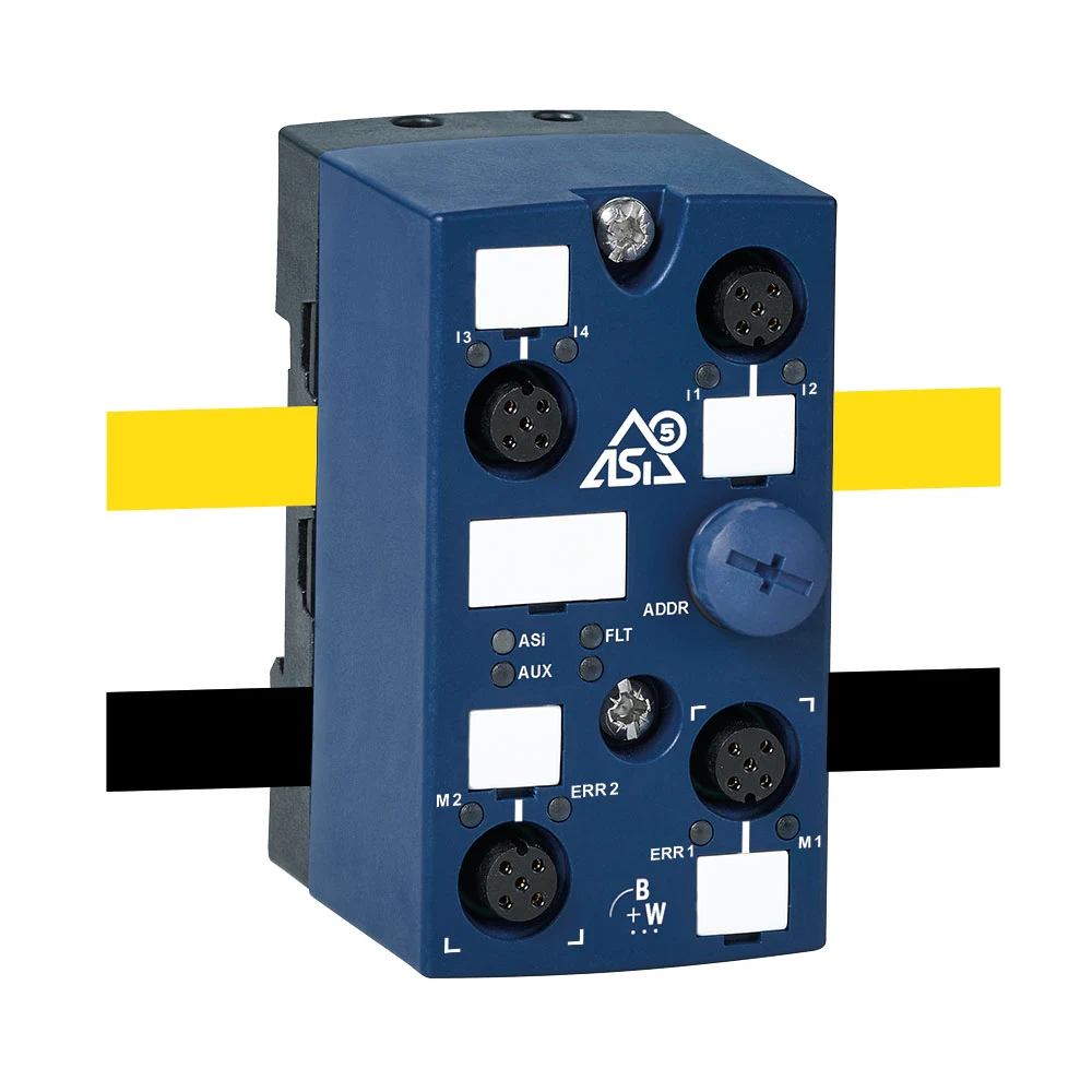 The official product appearance of the ASi-5 motor module for two 24-V motorized coils, as used in Bihl+Wiedemann’s BWU4246 model.