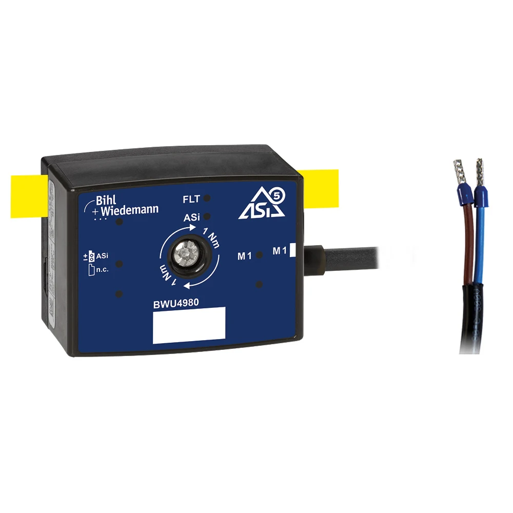 Official product image of the Bihl+Wiedemann BWU4980 AC drive motor module with ASi-5 and RS485 interfaces.
