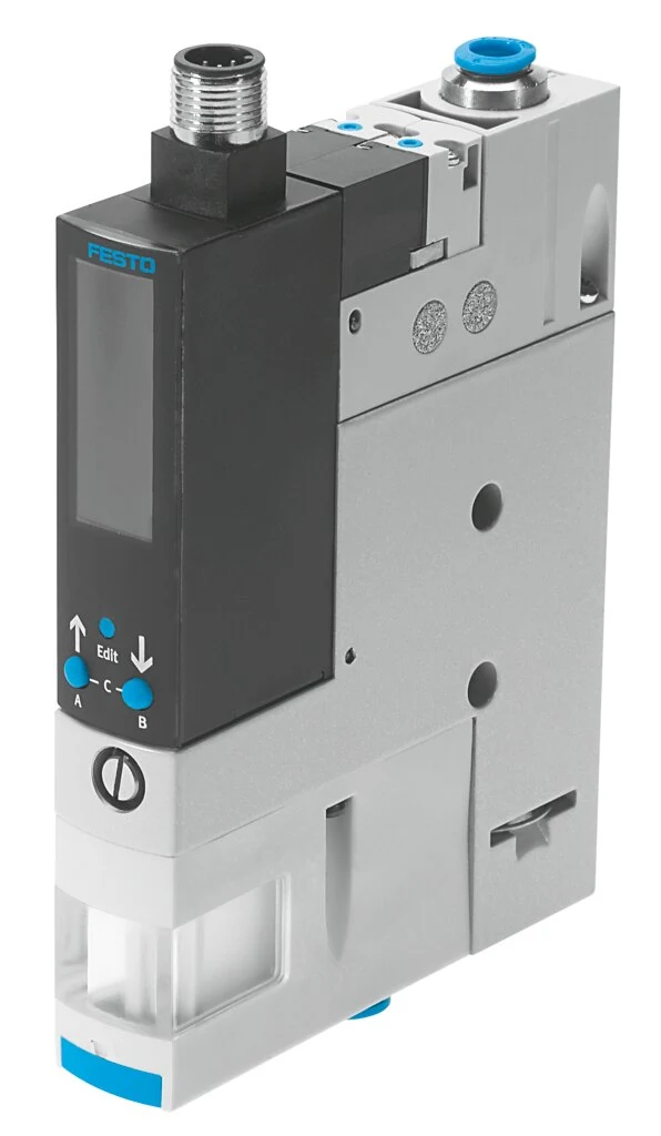 The official product image of the Festo OVEM integrated monitoring pneumatic vacuum generator.