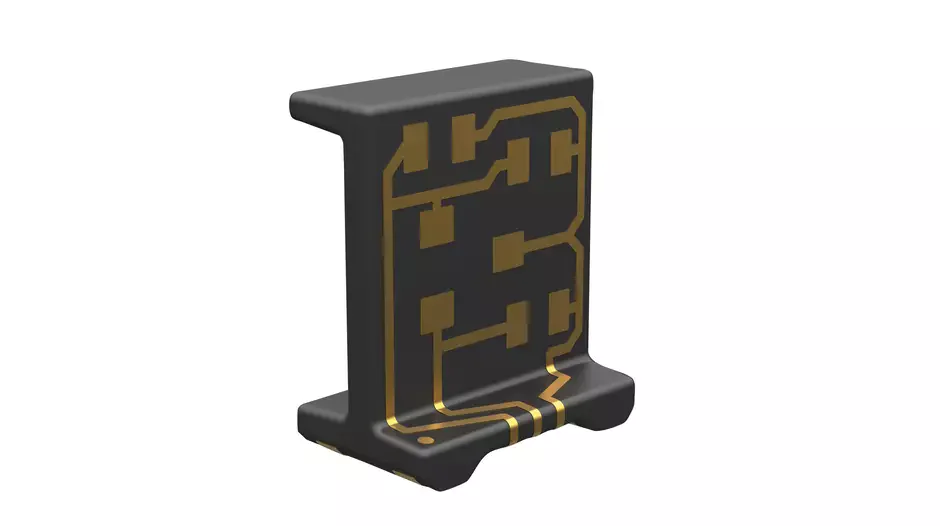 HARTING 78 01 030 0011: A 3D-MID electronic component carrier with three-dimensional conductive pathways.
