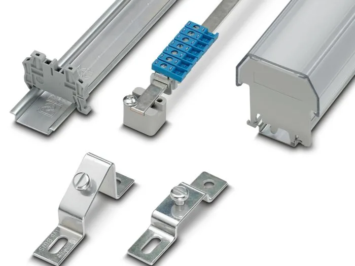 Phoenix Contact DIN rails, neutral busbar carriers, and mounting adapters