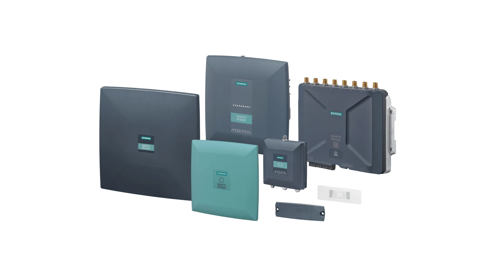 The official appearance of the Siemens SIMATIC RF600 UHF reader, antenna, and transponder product family.